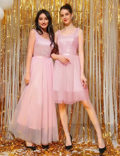 Image of BeryLove Sequin Dress for Woman Vintage A Line Wedding Formal Swing Mesh Dress Sleeveless Cocktail Maxi Gowns