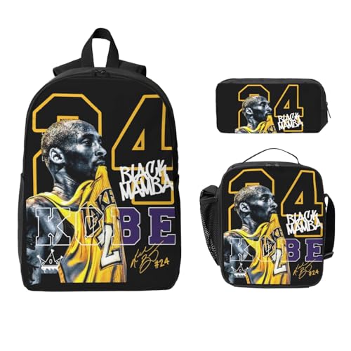 3 Piece Basketball Player #8 And #24 Large Capacity Travel Backpack+Lunch Box+Pencil Case For Men Women Fans Notebook Laptop Bags Hiking Camping Work-Style 6