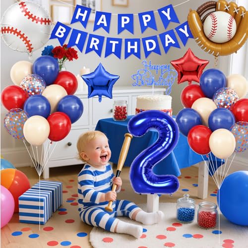 Image of Foil Balloons, 2nd Navy Blue Red 2 Birthday Decorations Boys Baseball Nude