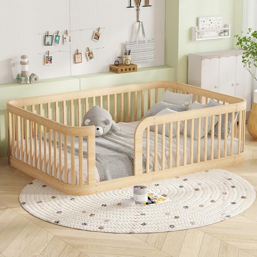 Image of Bellemave Twin Size Floor Bed Frame with High Fence,Solid Wood Kids Montessori Floor Bed Twin for Girls Boys,Rounded Corner Design,Natural