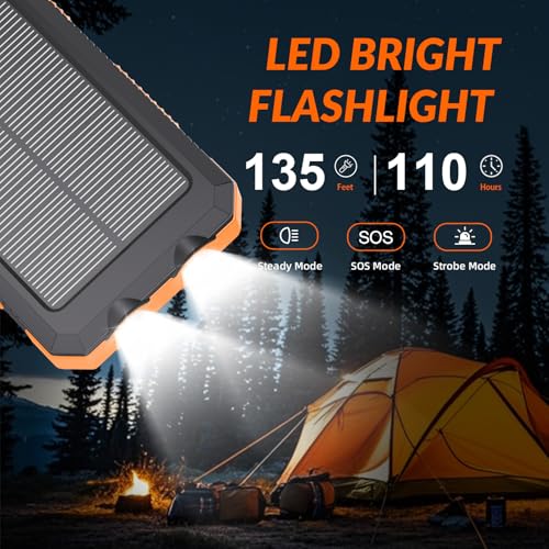 Image of Solar Power Bank 20,000mAh, Portable Phone Charger, 4 Cables Outdoor Waterproof External Backup Power Charger with USB-C for Cell Phones, Solar Battery Pack with Dual Flashlight for Camping