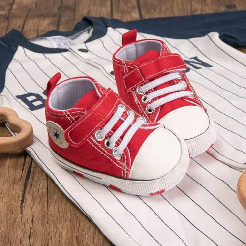 Image of Unisex Baby Girls Boys Canvas High-top Shoes, Newborn Infant Anti-Slip Soft Sole Frist Walking Breathable Sneakers