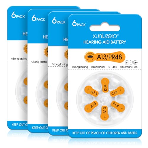 XUNIUZERO Hearing Aid Batteries Size 13 Mercury Free (24 Count) Zinc Air Batteries Easy to Open and Carry 1.45V Long Lasting Batteries