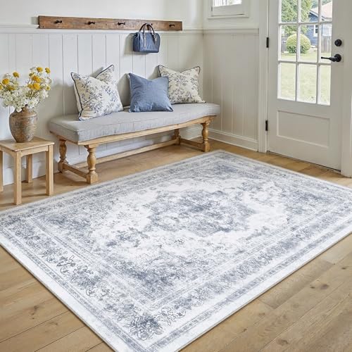 Washable Rug 6x9 Area Rug for Living Room Blue Vintage Boho Medallion Large Distressed Retro Carpet Non Slip Indoor Low Pile Small Soft Bedroom Dining Room Home Office