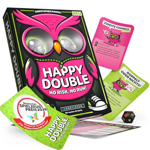 DENKRIESEN Happy Double – Juego de dados para niños y familia, juego de fiesta rápido y de mesa | 2 – 8 jugadores, a partir de 8 años, aprox. 20 minutos de tiempo de juego