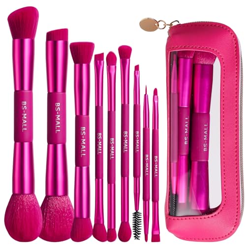 BS-MALL Double-ended Makeup Brush Set With Concealer Brush & Foundation Brush Eyeshadow Brush- Travel-friendly Multi-purpose Brushes In Makeup Bag For Daily Use (9 PCS Hot Pink)