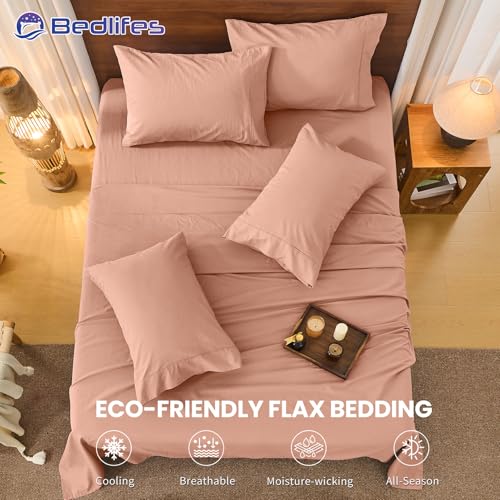 Image of Bedlifes 100% French Linen King Bed Sheet Set - 16 inch Deep Pocket, 4-Piece | Soft & Durable, Breathable & Cooling, Pure Flax Linen, OEKO-TEX Certified, Moisture-Wicking, Easy Care, Machine Washable