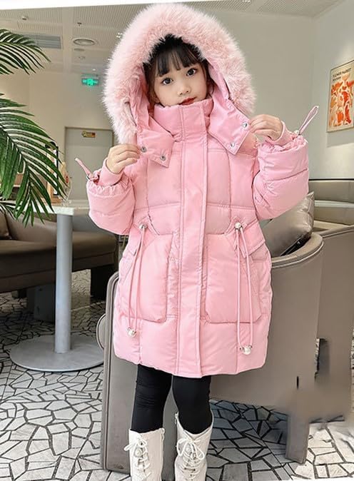 Girls' Winter Warm Coat Fleece Lined Long Jacket With Detachable Fur Hood - Image 3