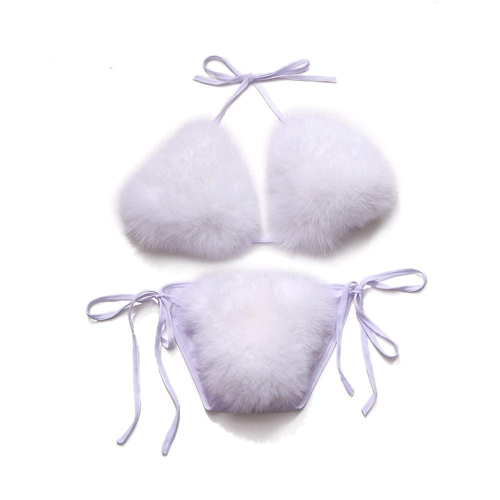 ZOSCGJMY Women's Faux Fur Halter String Triangle Bikini Sets Two Piece Swimsuits: One Size White