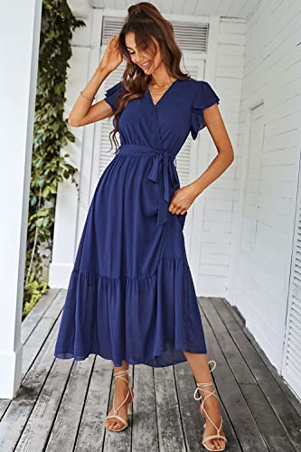 PRETTYGARDEN Women's Summer Floral Boho Maxi Dress Wrap Short Sleeve V Neck Ruffle A-Line Flowy Wedding Guest Long Dresses