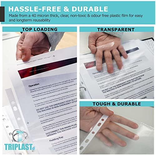 Triplast 50 x A4 Punched Pockets - Transparent & Top Opening for Easy Access - Poly File Pockets & Clear Plastic Sleeves for Organising Letters & Documents in Lever Arch Files, Ring Binders, etc