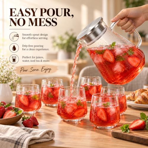 Image of bellemax 1.8 Litre Water Jug with Wooden Lid & 6 Black Juice Glasses Set | Premium Glass Water Jug Set for Home Kitchen | Juice, Water, Cold Drink Serving Set | Stylish Pitcher Set of 7 (BM-15)