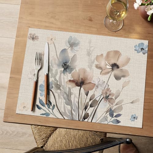 Artoid Mode Brown Poppy Floral Vinyl Plastic Placemats Set of 4, Washable Non-Slip PVC Table Mats for Party Kitchen Dining Decor, 12x18 Inch