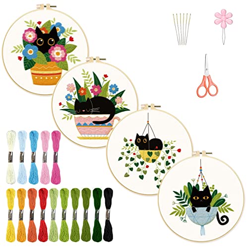 Image of INFUNLY 4 Pack Embroidery Starter Kit Black Cat Cross Stitch Kit with Instructions DIY Beginner Plant Embroidery Set with Plastic Embroidery Hoops,Threads and Needles for Beginners Adults DIY Craft