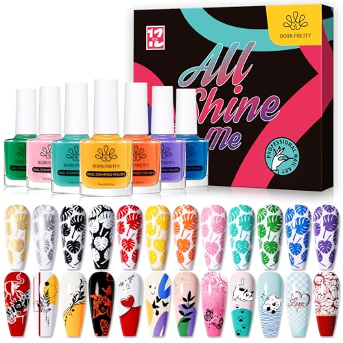 BORN PRETTY Nail Art Stamping Polish Stampinglack Set Rot Blau Gelb Stamping Lack Nagellack Farben Nagellack Stempeln Colourful Manicuring Plate Printing Polish Varnish 12 Colours Set