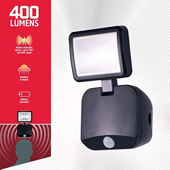 Energizer Single Head Security Light, Wireless, Battery Operated, 120¡ã Motion Detection, 300 Lumens, Tilts & Swivels Activated LED Spotlight, Black, 1 Pack, 40777-S1