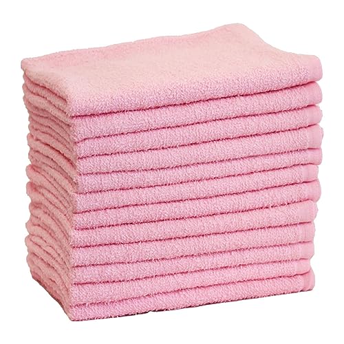 カラーフェイスタオル 200匁 12枚セット 34×86cm 無地 コットン 綿100% 家庭用 業務用 まとめ買い 使い勝手の良い薄手タオル (ピンク)