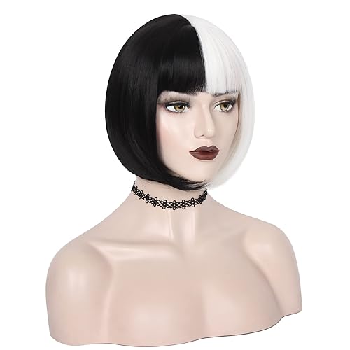 Miniatura 3 de WeKen Peluca en blanco y negro para niñas, peluca corta estilo Bob, mitad negra, mitad blanca, con flequillo, para mujer, cosplay, fiesta diaria (un