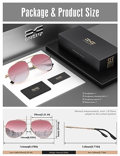 Image of LUENX Aviator Sunglasses for Women Polarized Mirror with Case - UV 400 Protection 60MM, Gradient Red /Non Mirror,