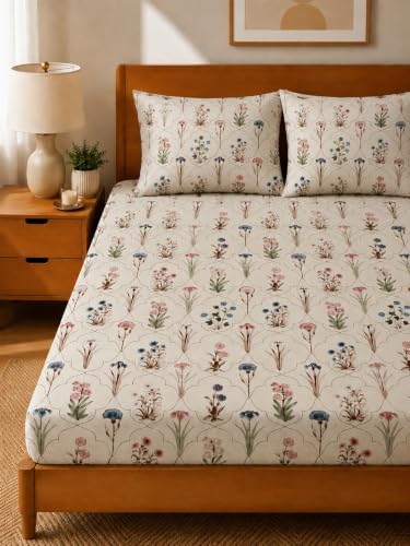 Image of 380 TC Premium Glace Cotton Elastic Fitted Bedsheet King Size with 2 Pillow Covers King Size | Double Bed with All Around Elastic (HALALUIA, Fitted - Double72x72)