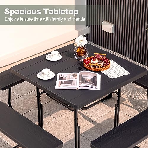 Image of Tangkula 8 Person Picnic Table, Outdoor Square Picnic Table with 4 Built-in Benches, Umbrella Hole, Metal Frame & HDPE Tabletop, Outside Table and Bench Set for Backyard, 2300lbs Weight Capacity