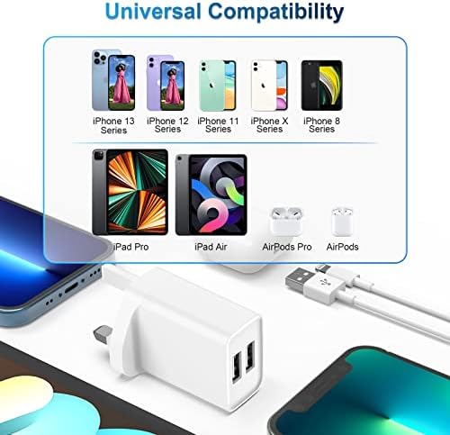 iPhone Charger Plug and Cable - [MFi Certified] 12W Dual Port USB Wall Charger with 2Pack 1M Lightning Cable Lead, iPhone Charging UK Power Adapter for Apple iPhone 13 Pro Max/12/11/X/8/7/6s/5c/ iPad