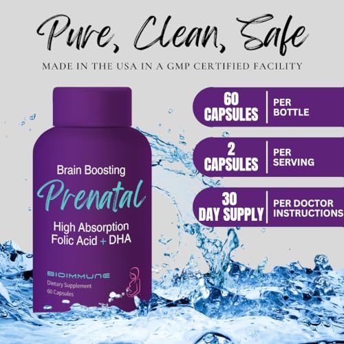 Image of BioImmune Ultra Strength Bio-Available Prenatal Vitamins for Women, Naturally Occurring Methylated Folate Folic Acid, DHA Omega 3. Supports Brain Development, Healthy Fetal Development