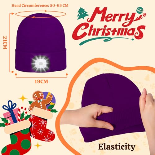 SPGOOD Wiederaufladbare mütze mit LED licht für Kinder, für Jungen und Mädchen, abnehmbare und waschbare warme beleuchtete mütze mit Lampe für den Winter im Freien(Lila)