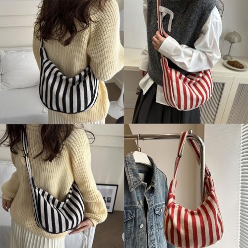 Striped Canvas Shoulder Bag for Women Large Capacity Casual Crossbody Bags Satchel Purse for Work and Everyday Use2