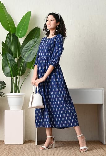 Image of Ichaa Women's Blue Cotton Printed Maternity Dress with Feeding Zips and Pocket| in Plus Sizes