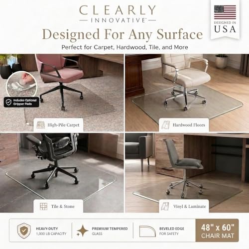 Image of Tempered Glass Office Chair Mat for Carpet & Hardwood, 48 inch x 60 inch, Clear
