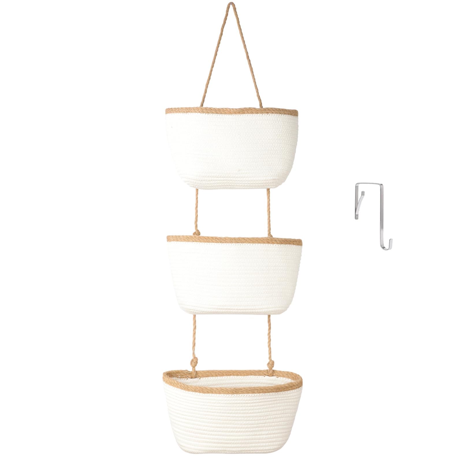 Teokj Jute Hanging Basket For The Door, 3-Tier Wall Organiser Hanging Organizer Storage Baskets Made Of Woven Cotton Rope With Hooks For Wall, Hanging Shelf Bathroom, Decorative Hanging Kitchen Baskets