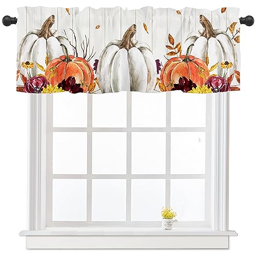 Cortinas de Cocina con diseño de Calabazas de otoño para Ventanas, Color Naranja, Azul, Blanco, Calabaza, Cortina de Ventana de 54 x 18 Pulgadas, Cosecha de Acción de Gracias, Bolsillo Corto para