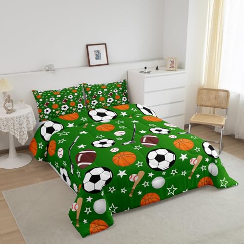 Image of Feelyou Sports Theme Bedding Set Queen Size Basketball Football Baseball Hockey Comforter Set for Kids Boys Girls Teens Toddler Ball Games Duvet Set Green Quilt Set 2Pcs