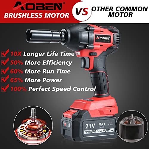 Aoben 21V 1/2 Cordless Impact Wrench, High Torque Brushless Impact Wrench Set, Max Torque 450 Ft-Lbs (600N.m), 4.0Ah Li-Ion Battery, 7 Pcs Sockets 1 Extension Bar, Fast Charger And Tool Bag #TOP3