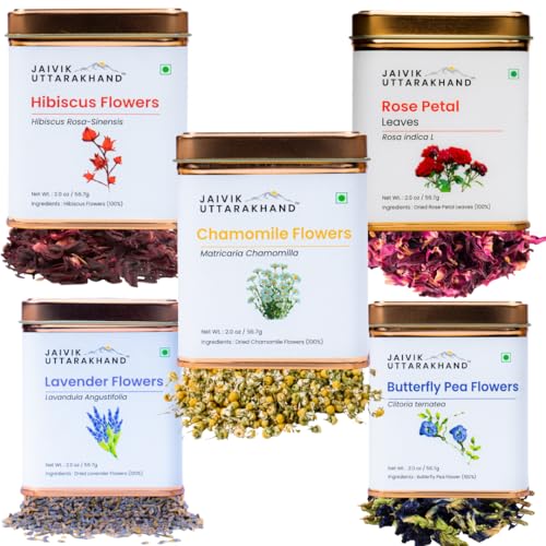 Image of Jaivik Uttarakhand - Herbal Tea Gift Pack (5 Count (Pack of 1) (56.7g), Lavender, Butterfly Pea, Chamomile, Rose Petals, Hibiscus), Pack of 5