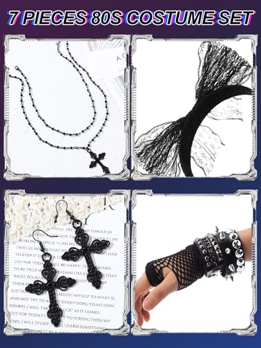 7 Pcs 80s Women Costume Accessories Halloween Leather Punk Bracelet Black Cross Necklace Lace Headband Fishnet Glove3