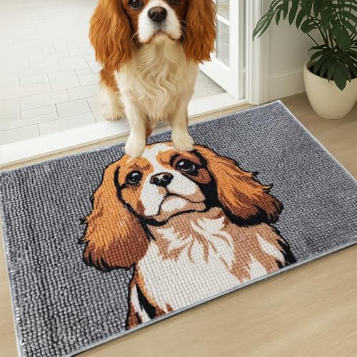 Muddy Mat® Highly Absorbent Microfiber Door Mat and Pet Rug, Non Slip Thick Washable Area and Bath Mat Soft Chenille for Kitchen Bedroom - Dog Face Cavalier King Charles Spaniel 19'X30'