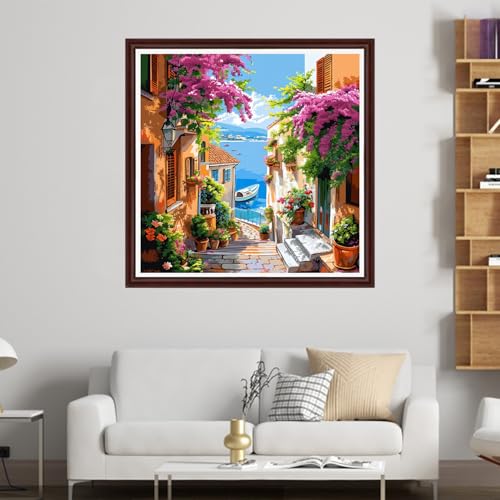 Image of Dooxvey Counted Cross Stitch Kits for Adults 11CT Printed Cross-Stitch Patterns Cross Stitching Embroidery Kit Stamped or Counted Needlepoint Kits- Seaside Street View 18x18 inch