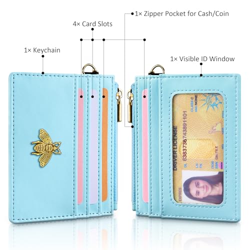 Image of SEAVILIA Card Holder Keychain Wallet for Women with ID Window RFID Coin Purse Bee Gifts Slim Minimalist Small Wallet, Blue, 4.4 x 3.38 inches, Minimalist