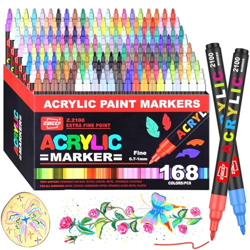 Laconile 168 Colori Acrylic Paint Markers – Pennarelli Acrilici a Punta Singola con Punte di Ricambio – Paint Pens Ideali per Pietra, Vetro, Legno, Metallo, Ceramica e Tela