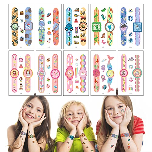 DOKEI Tatuajes Temporales Niños Niñas 10 hojas Tatoos Infantiles Reloj Pegatinas de Tatuajes Sirena Unicornio Tiburón Piratas Dinosaurios Calcomanias Tatuajes para Cumpleaños Regalos Día del Niñ