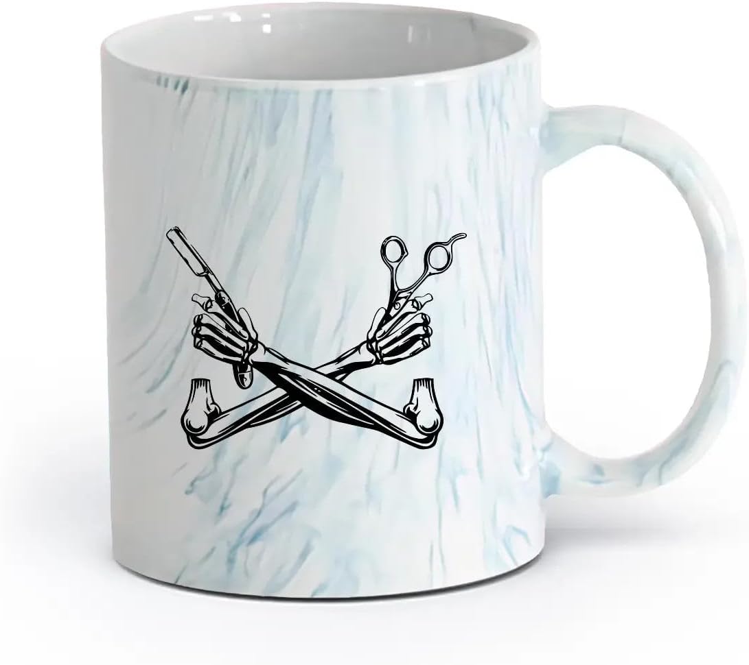Ceramics Ceramic Drinkware for Home Dangerous Barber Scissors Bones Two Hands （11oz/320ml） Ceramic Coffee Mugs for Home or Work Marble Blue