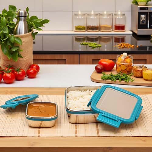 Image of Premium Stainless Steel Lunch Box, 700ml + 200ml, Leakage Proof /Airtight Containers Lunch /Tiffin Box for School, Office Use, Bento Lunch Box for Kids /Boys /Girls, 4 Side Clip Lock Lid (Blue)
