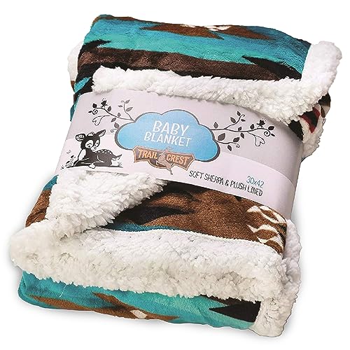 Image of TrailCrest Ultra Soft Sherpa Fleece Cozy Plush Aztec Baby Blanket for Kids, Reversible with Aztec Prints, Washable, Wide Size, Swaddle, Stroller Blanket | Baby Shower Present, Teal Aztec