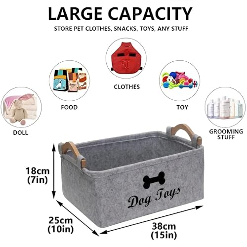 HUATEEN Hundespielzeug Aufbewahrung Korb,Großer Grauer Filzkorb für Hunde Welpenspielzeug Organizer Aufbewahrungsbehälter für Haustierspielzeug mit Griffen 38 x 25 x 18 cm