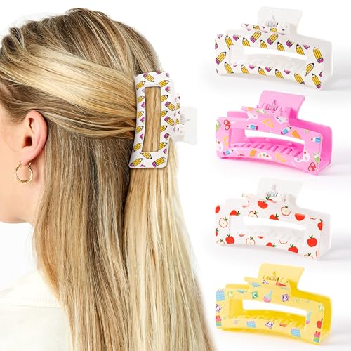 PANTIDE 4Pcs Teacher Hair Claw Clips for Women Girls - Back to School Gift Pencil Apple Rectangle Nonslip Banana Hair Clips Thin Thick Short Long Curly Accessories Teacher Appreciation Gift