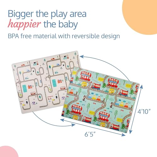Image of BPA Free Extra Large Big Size Non Slip Reversible car & Bus Print Baby Play Mat for Learning & Crawling,Foldable Foam Floor Mats for Toddlers Kids Play Room Multicolor, Pack of 1