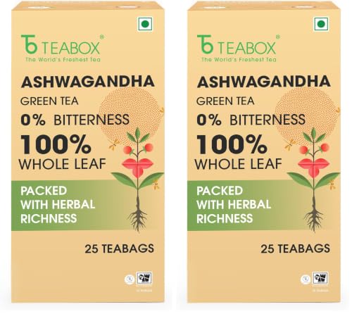 Image of Teabox Ashwagandha Green Tea 25 Teabags | Ayurvedic Blend of Premium Green Tea and Natural Ashwagandha | Silken Pyramid Teabags (Pack of 2)