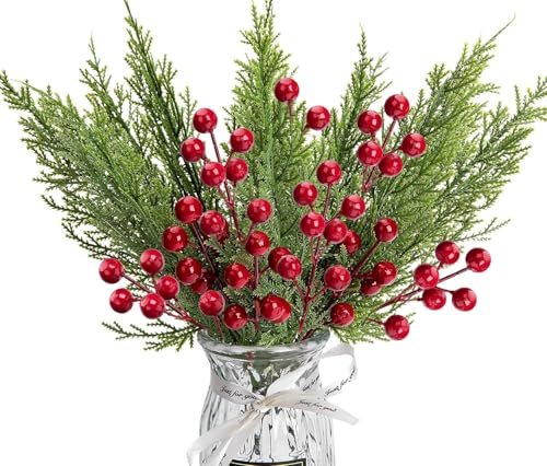 30 Pcs/Set Christmas 3D Artificial Pine Branches- 12.5 Inch Faux Evergreen Cedar Sprigs Branches- Fake Foliage Pine Needles Picks with Artificial Red Berry Stems for DIY Christmas Decoration
